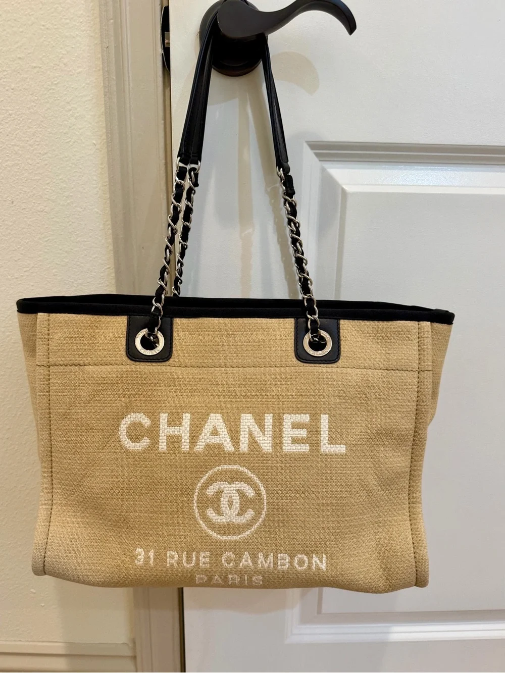 CHANEL small Beige Canvas Logo Tote with Black Trim and Chain Straps - Picture 2 of 16